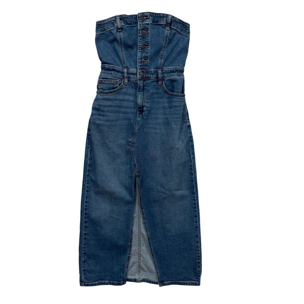 American Eagle Strapless Denim Midi Dress Medium Wash Button Front Size 0
